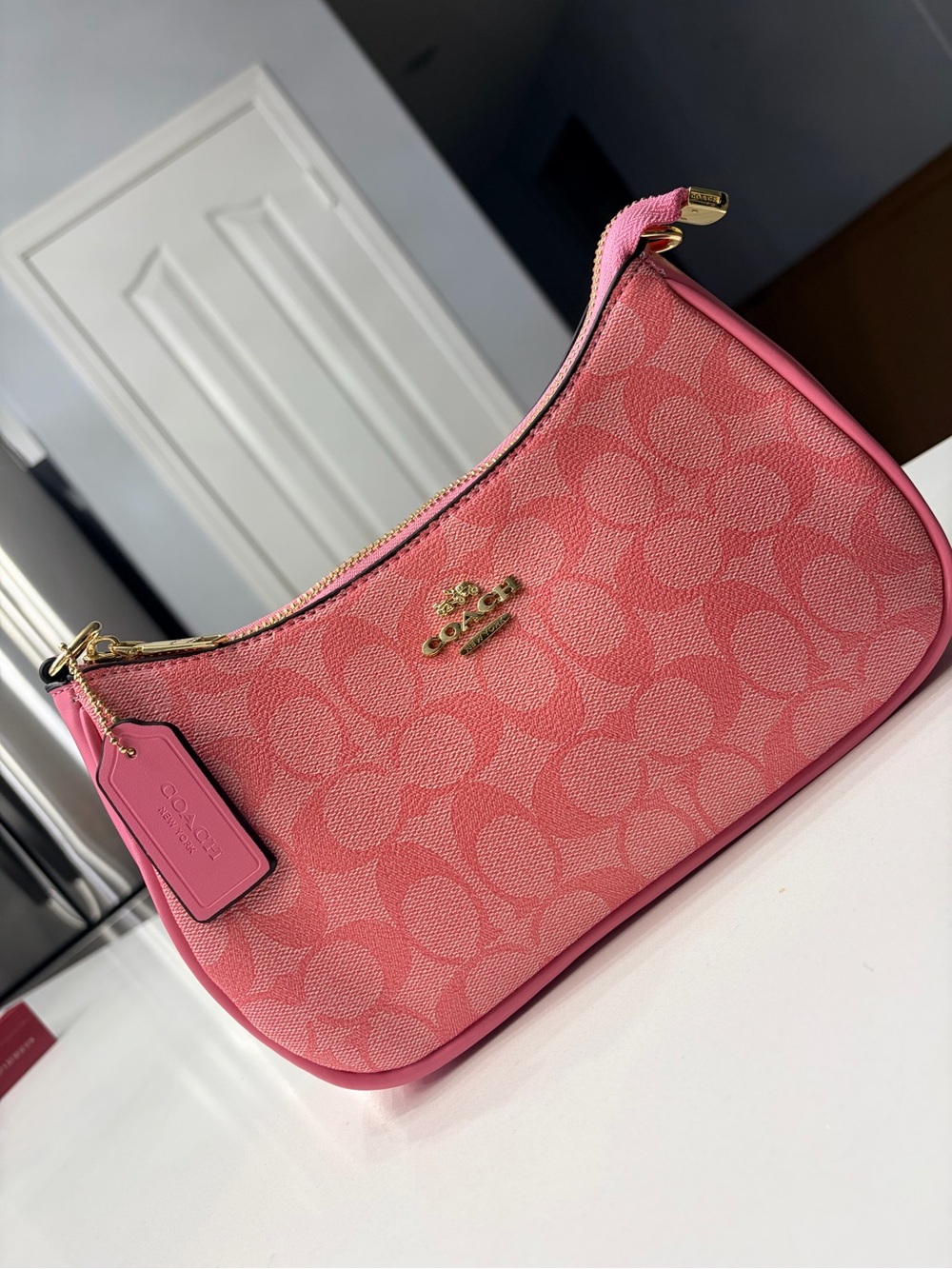 Re- plica  Coach Pink Signature Crescent Shoulder Bag with Gold Hardware